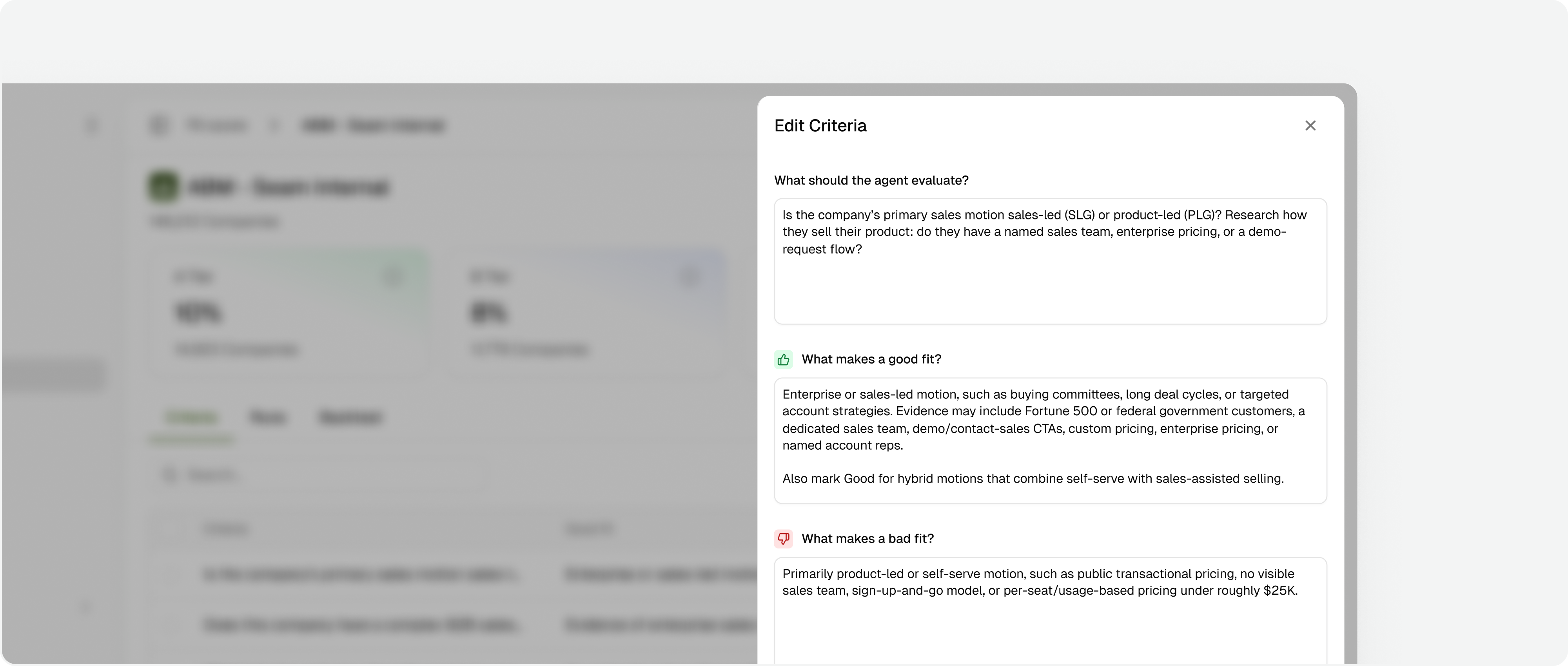 Fit score criteria editor with evaluation, good-fit, and bad-fit inputs
