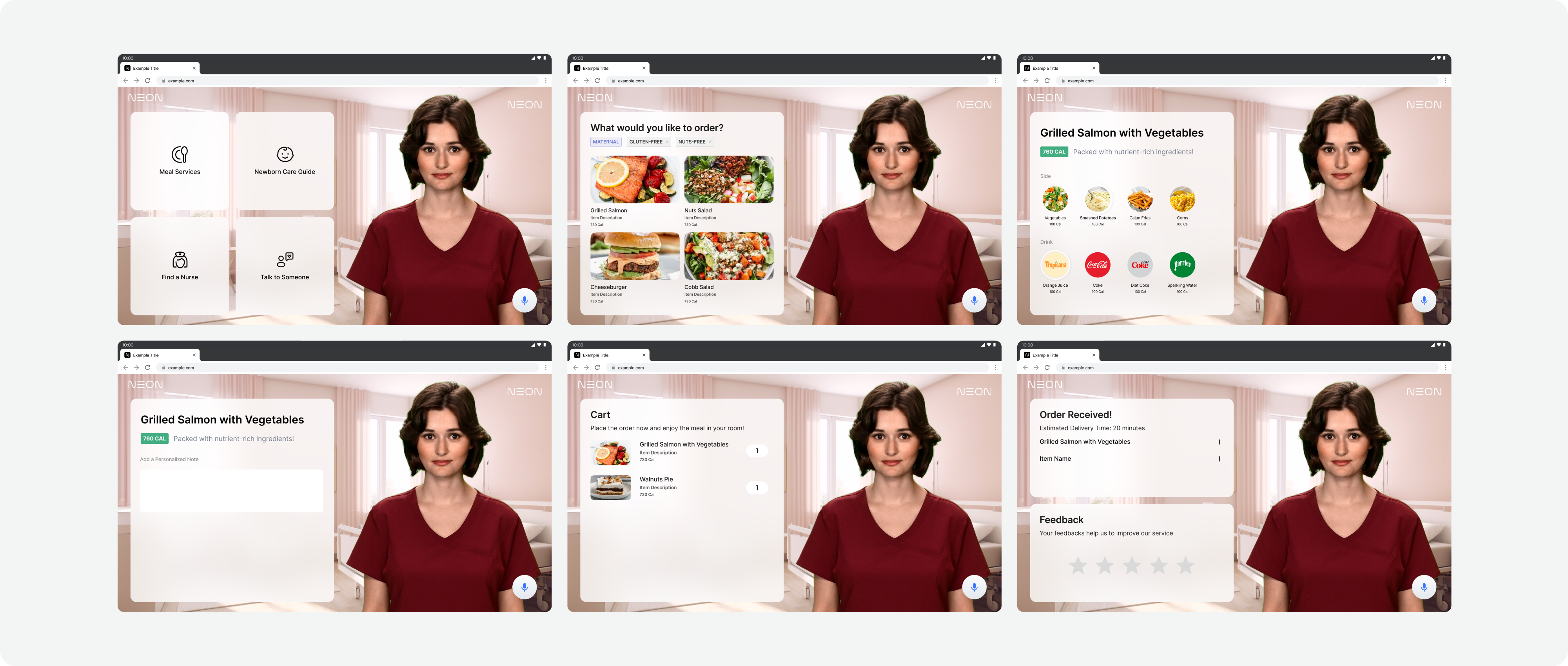 Six-screen Neon Assist hospital meal-ordering journey from service selection through order confirmation and feedback