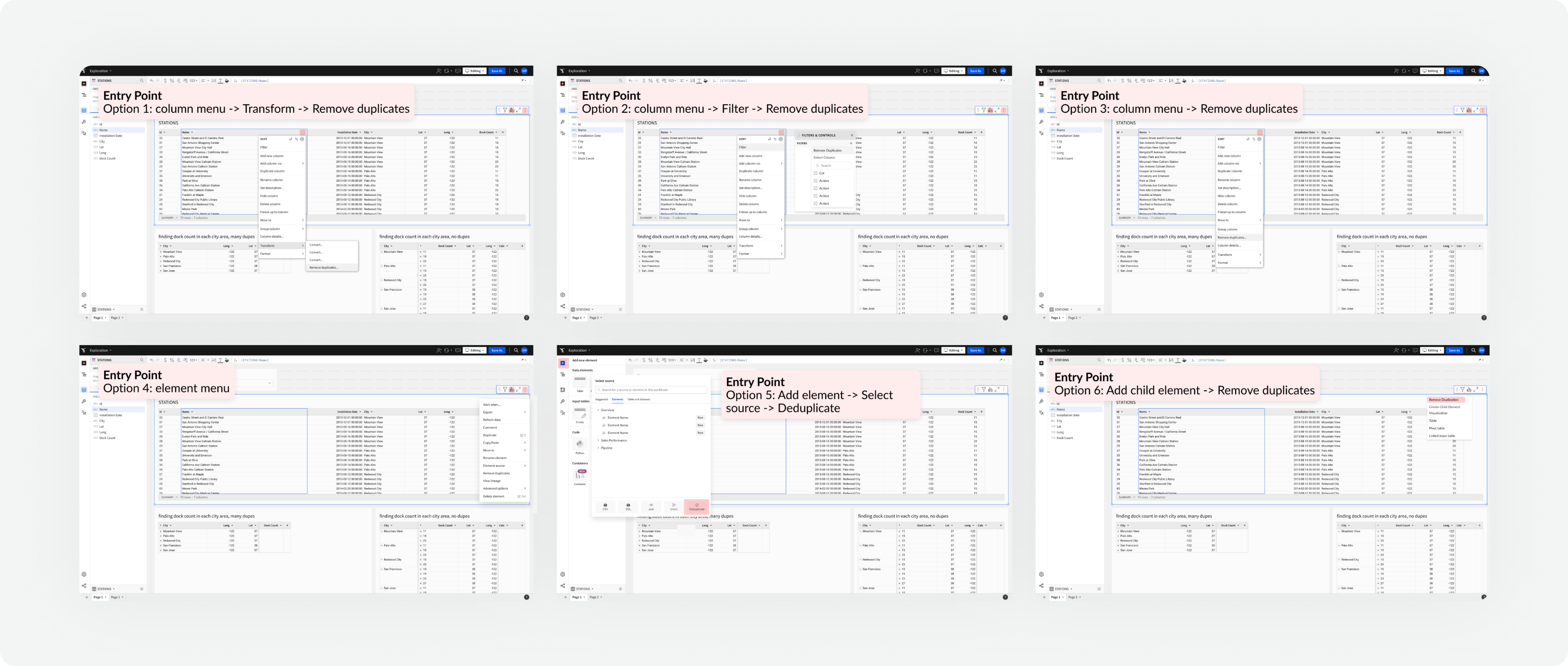 Six tested entry points for removing duplicate rows in a Sigma workbook