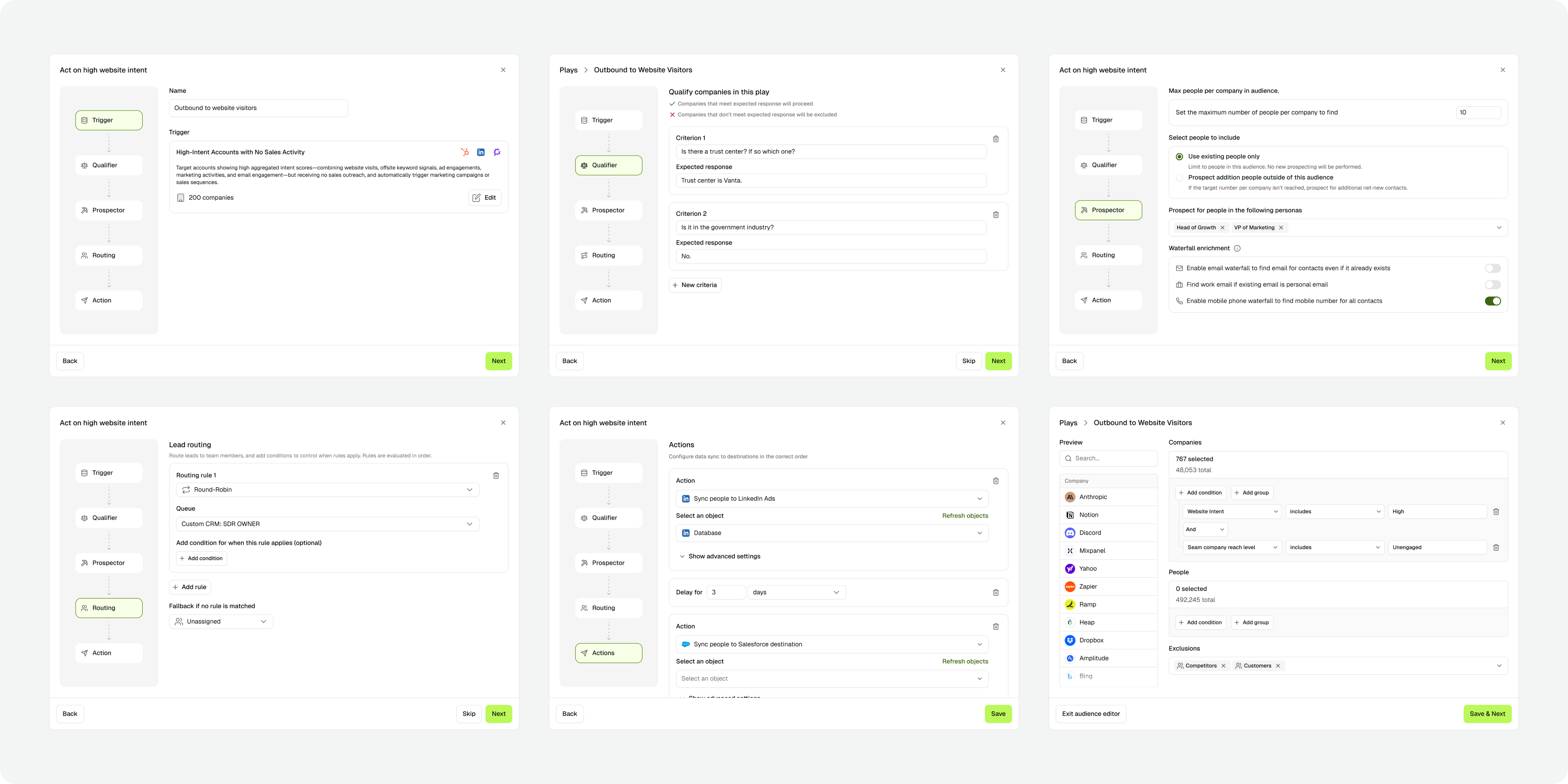 Six screens showing progressive configuration across the workflow