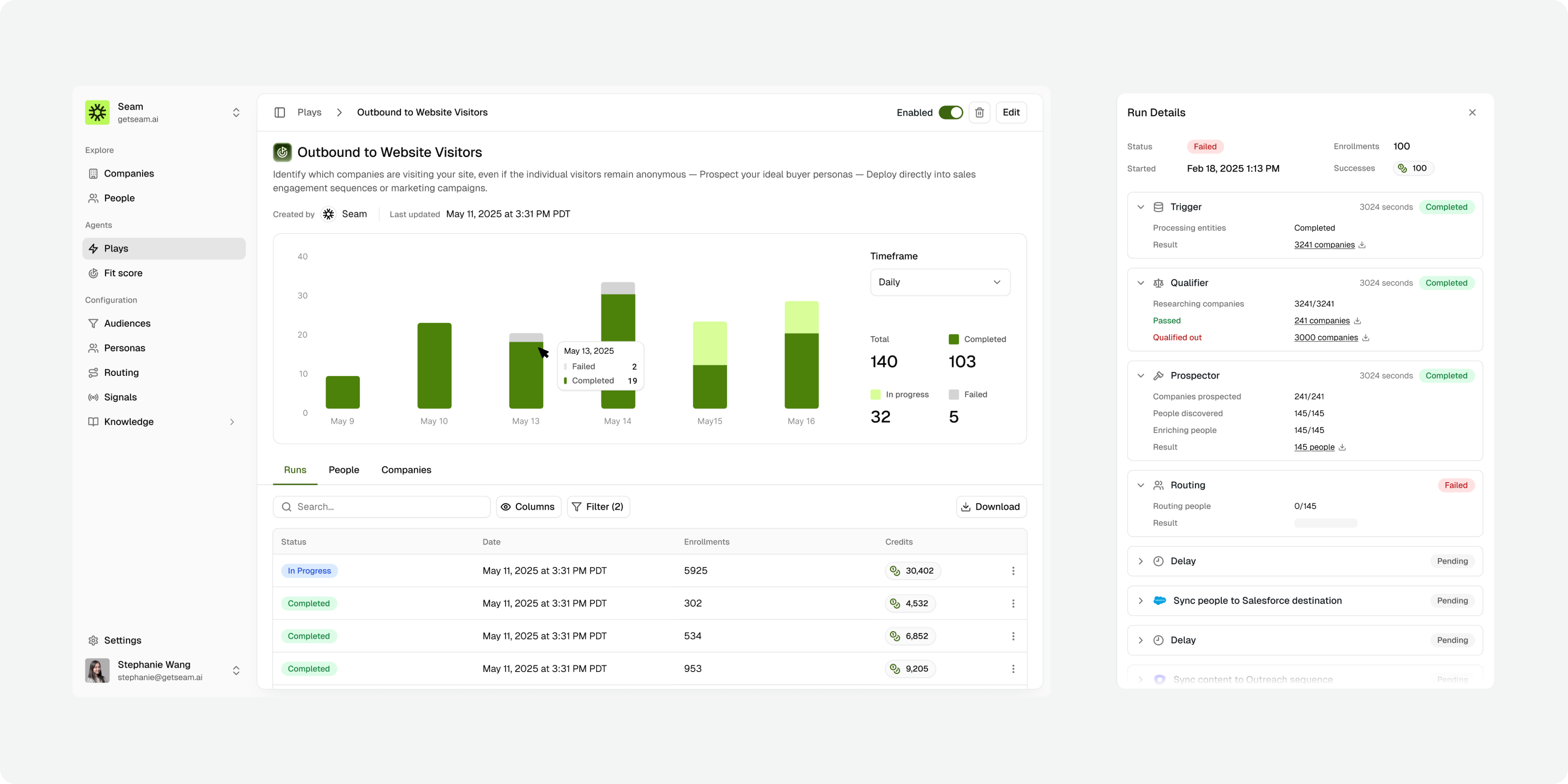 Play dashboard and run details agent trace